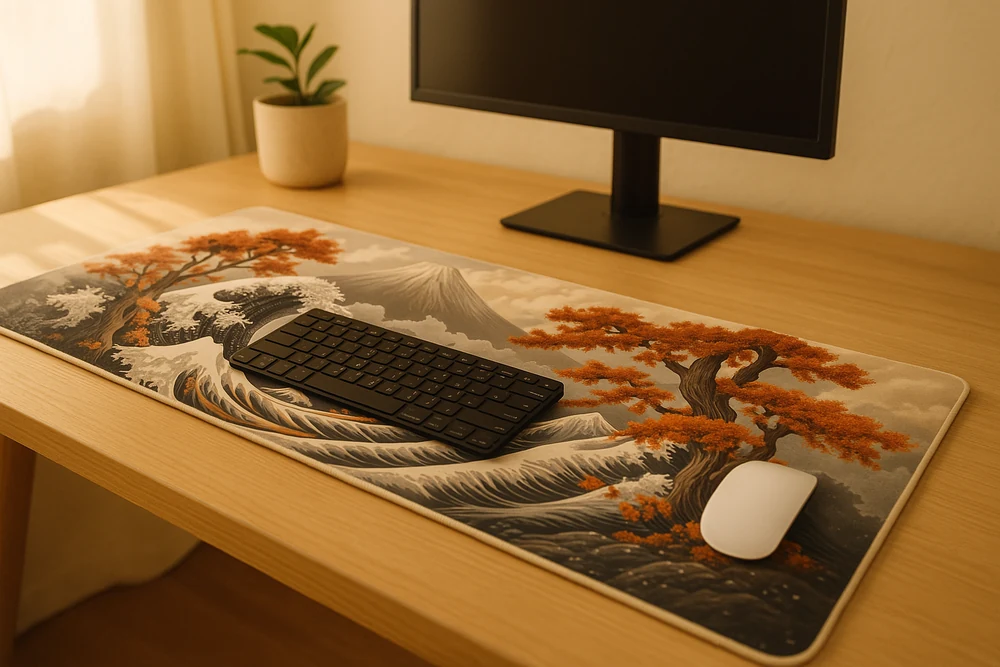 Tapis de souris XXL 90 × 40 cm sur un poste de travail complet avec clavier, souris et écran