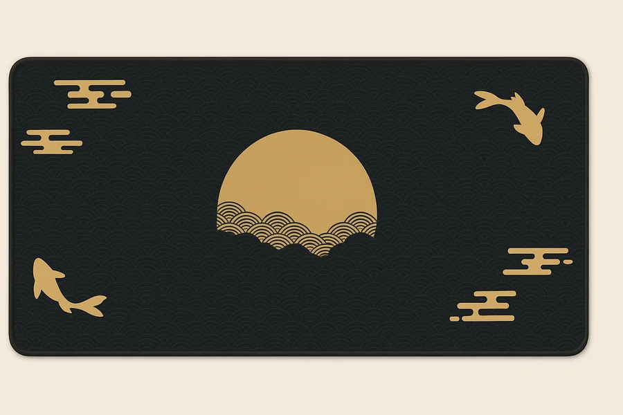 Tapis de souris XXL japonais Lune d'or et carpes koï sur fond noir